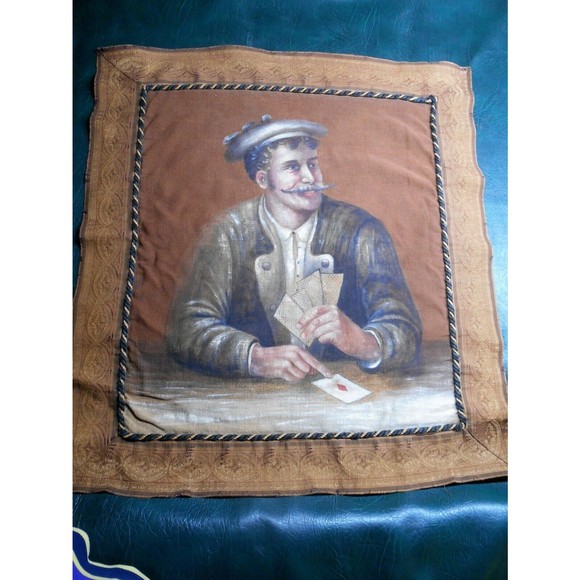 Rare Antique European Card Playing Gambling Man Painting on Fabric - Picture 2 of 6